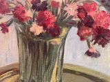 a painting of flowers in a glass vase on a table