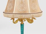 an image of a table lamp with a blue base and a beige shade