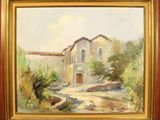 une peinture à l'huile représentant une maison dans un cadre champêtre