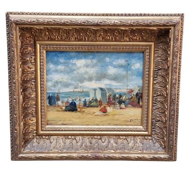 an oil painting of a beach scene with people sitting on the sand