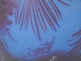 purple and blue glass vase with pinecones on it on a white surface