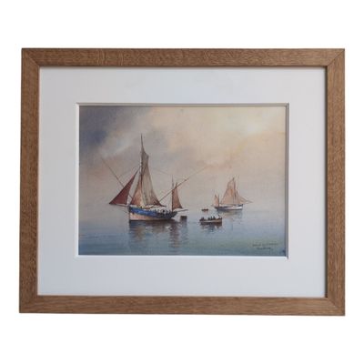 painting of three sailboats in the water with a sky background