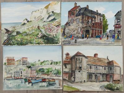 quatre aquarelles représentant des bâtiments et des bateaux, réalisées sur un support en bois