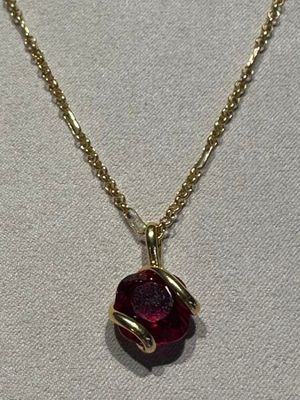 un gros plan d'un collier avec une pierre rouge sur une chaîne en or