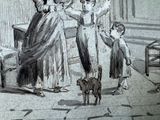 a drawing of a woman and two children in a room
