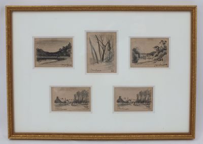 quatre dessins encadrés représentant des arbres et une rivière, dans un cadre doré