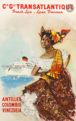 an old french travel poster of a woman in a colorful dress