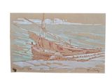 a painting of a boat in the water with a sky background