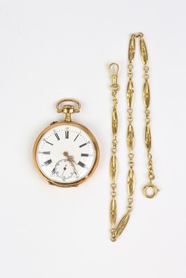 gold plated pocket watch and chain on a white background