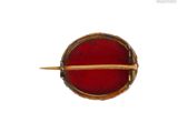 an image of a gold and red broochle with a wooden stick sticking out of it