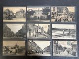 several old black and white photographs of a street with people