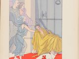 an old book with a picture of a woman cutting a woman ' s hair