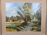 an oil painting of a country road with trees and houses in the background