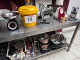 a table with pots and pans on it in a kitchen