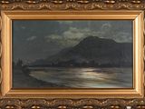 an image of a painting of a lake with a mountain in the background