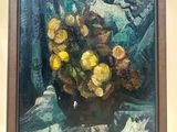 a painting of a vase with yellow flowers in it