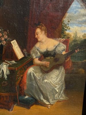painting of a woman playing a lute and a man playing a guitar