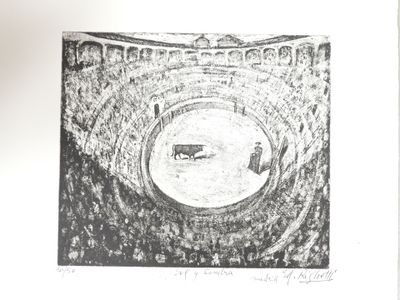 a black and white drawing of a bull in a ring