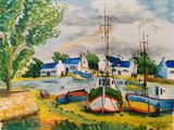 un tableau représentant des bateaux au bord de l'eau