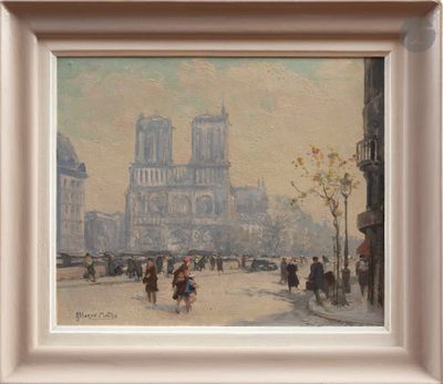 tableau représentant des personnes marchant dans une rue, avec une cathédrale en arrière-plan