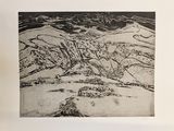 a black and white drawing of a mountain range