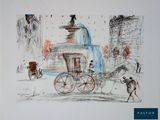 dessin représentant une calèche devant une fontaine