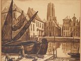 dessin représentant un bateau amarré dans un port, avec une église en arrière-plan