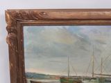 a painting of boats in a harbor with a sky background