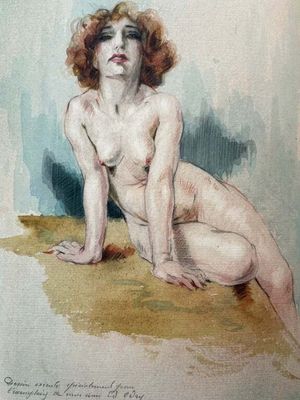 une image d'un tableau représentant une femme nue assise sur le sol