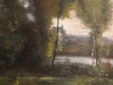 a painting of a man and a dog in the woods