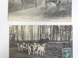 two old black and white photos of horses pulling a cart with people