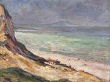 tableau représentant une vue de plage avec des personnes sur le sable