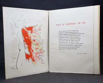 an open book with a drawing of a woman in a red dress