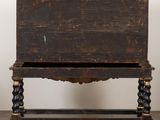 an old wooden table with a drawer on top of it