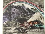 a picture of a picture of a mountain with a rainbow