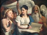 a painting of a man and a woman reading a book