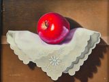a painting of a red apple on a white napkin