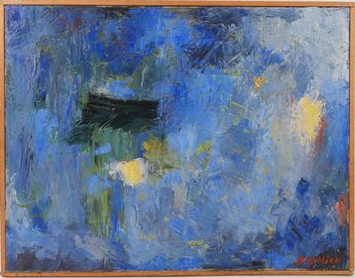 painting of a boat floating in a lake with blue water