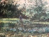 a painting of a man fishing in a lake