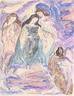 une image représentant un tableau où figurent trois femmes et un chien