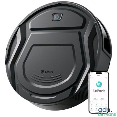 une image représentant un robot aspirateur noir avec un smartphone à côté