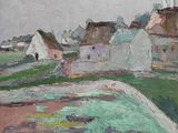 a painting of a village on a hill with houses