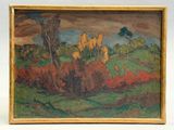 une image d'un tableau représentant un paysage avec des arbres au premier plan