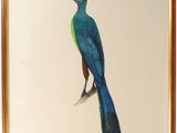 painting of a blue and green bird sitting on top of a wooden frame