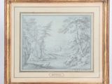 a drawing of a wooded landscape with trees and a river