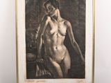 un vieux dessin en noir et blanc représentant une femme nue assise sur une chaise