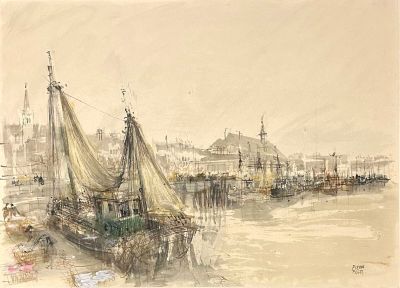 drawing of a boat in a harbor with a city in the background