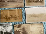 several old black and white photos of horses and carriages on a blue quilt