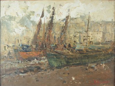 a painting of boats in a harbor with buildings in the background