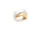 a close up of a gold and silver ring on a white background